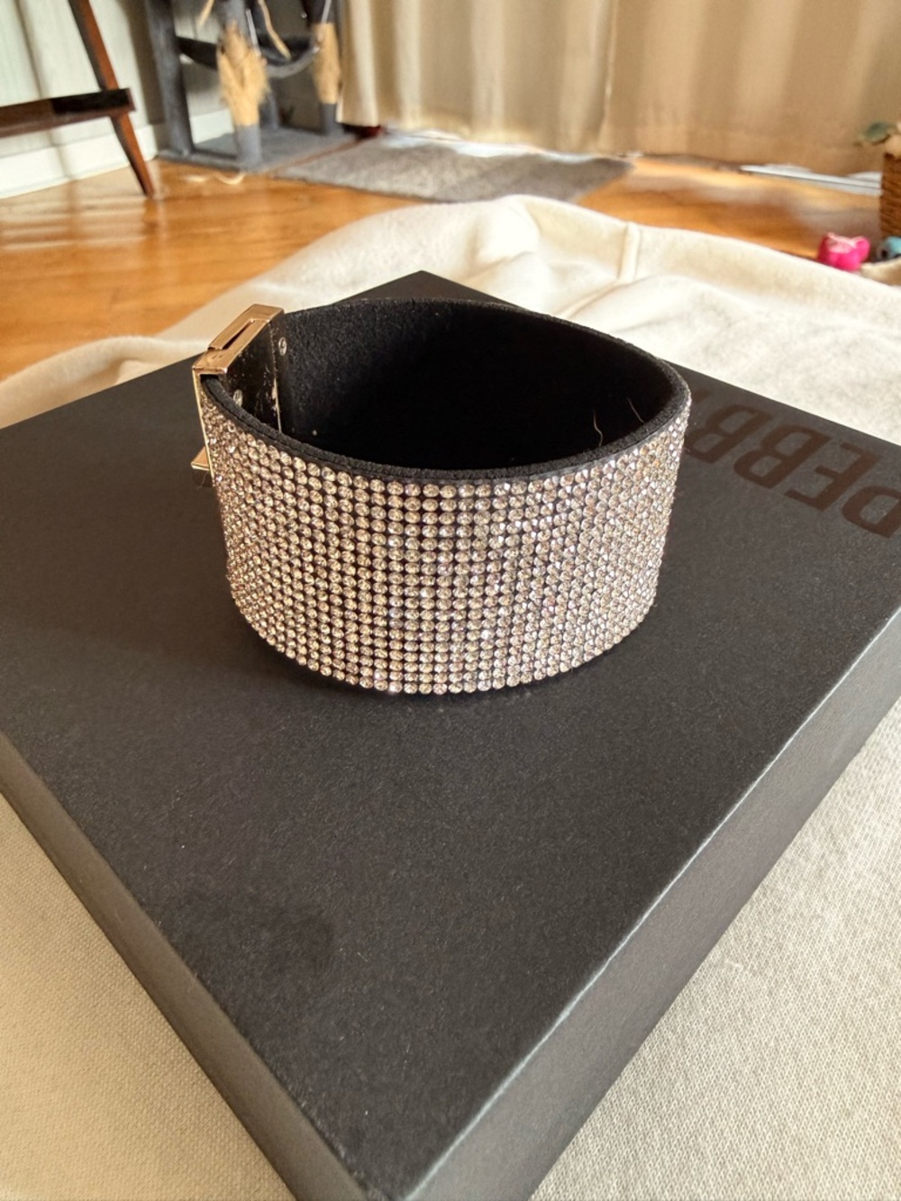Crystal Pavé Wide Cuff Bracelet - Black Band with Clear Stones